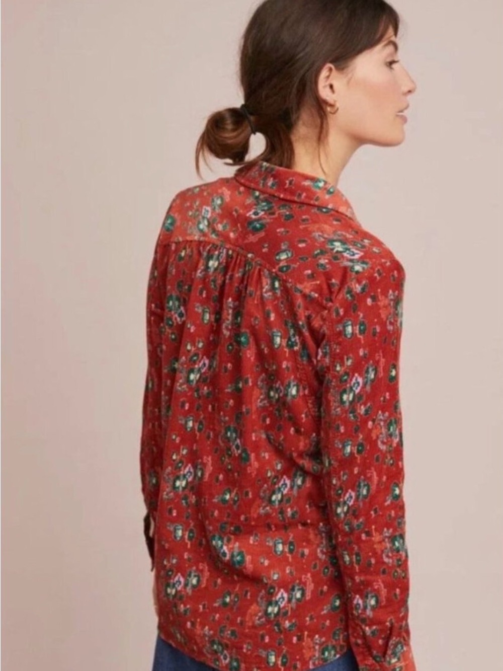 Anthropologie Building 18 corduroy floral rust orange blouse US 2 small cotton - Picture 3 of 10